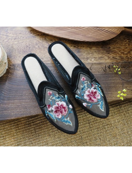 Slippers, Mesh Shoes, Cow Tendon Soles, Flat Bottomed Mesh Embroidered Slippers, Floral Fabric Slippers, Casual Women's Sandals