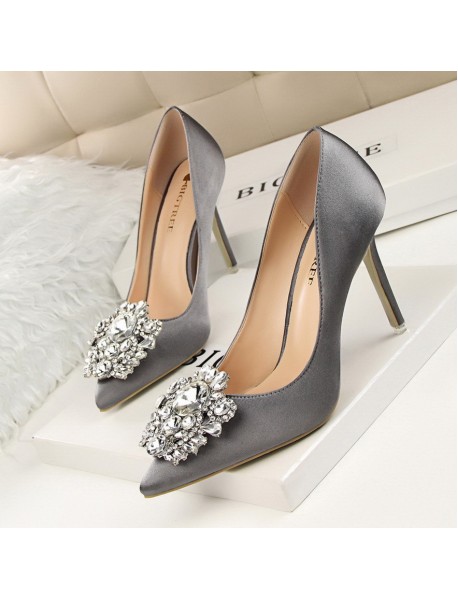 516-5 Korean Version Rhinestone Women's Shoes With Thin Heels, High Heels, Sexy Slimming, Shallow Mouthed Pointed Shiny Rhinestone Buckle Single Shoe