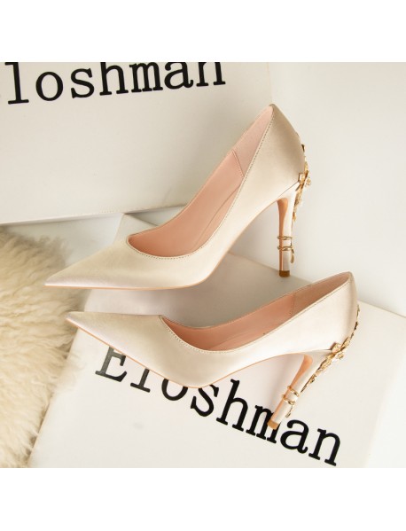 928-8 European And American Style Fashion Light Luxury Sexy Women's Shoes Fashion Flower Heel High Heel Wedding Shoes Pointed Silk Satin Single Shoes