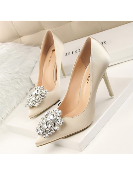 516-5 Korean Version Rhinestone Women's Shoes With Thin Heels, High Heels, Sexy Slimming, Shallow Mouthed Pointed Shiny Rhinestone Buckle Single Shoe