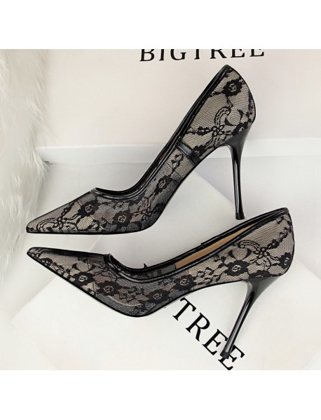 1853-1 European And American Sexy Slim High Heel Shoes Women's Shoes Thin Heel High Heel Shallow Notched Mesh Hollow Lace Single Shoes