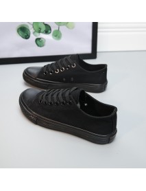 Spring And Autumn All Black Canvas Shoes Low Top Student Men's Shoes Lace Up Pure Black Work Shoes Flat Bottom Couple Casual Women's Shoes