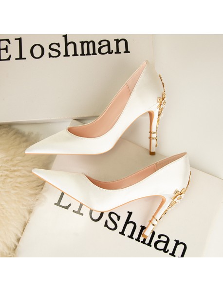 928-8 European And American Style Fashion Light Luxury Sexy Women's Shoes Fashion Flower Heel High Heel Wedding Shoes Pointed Silk Satin Single Shoes