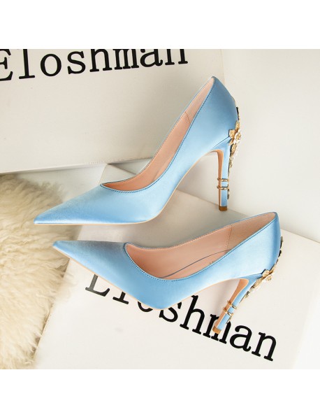 928-8 European And American Style Fashion Light Luxury Sexy Women's Shoes Fashion Flower Heel High Heel Wedding Shoes Pointed Silk Satin Single Shoes