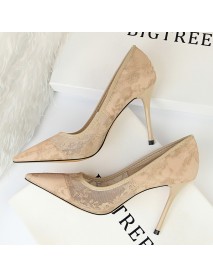 1853-1 European And American Sexy Slim High Heel Shoes Women's Shoes Thin Heel High Heel Shallow Notched Mesh Hollow Lace Single Shoes