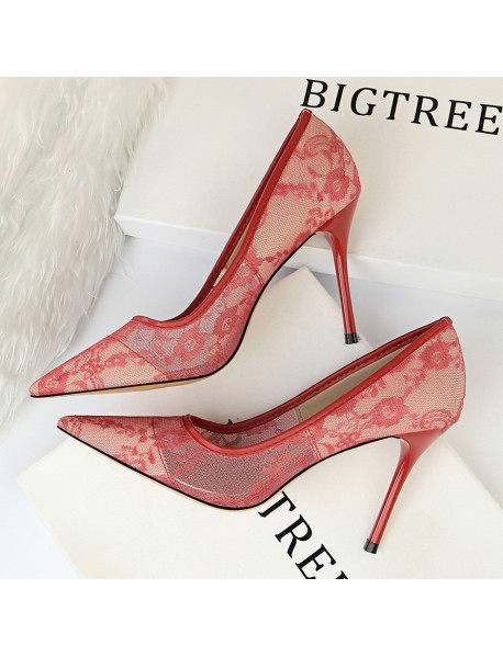 1853-1 European And American Sexy Slim High Heel Shoes Women's Shoes Thin Heel High Heel Shallow Notched Mesh Hollow Lace Single Shoes