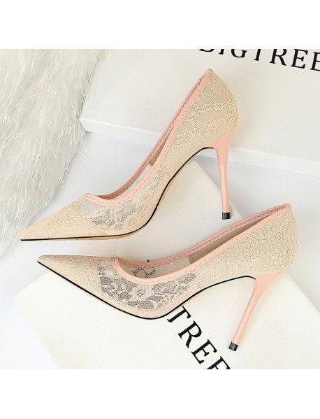 1853-1 European And American Sexy Slim High Heel Shoes Women's Shoes Thin Heel High Heel Shallow Notched Mesh Hollow Lace Single Shoes