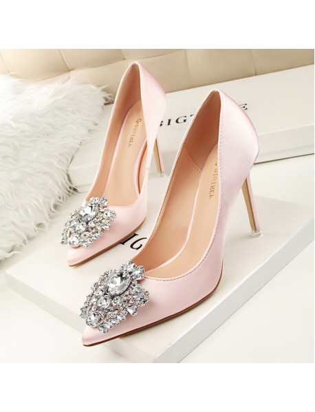 516-5 Korean Version Rhinestone Women's Shoes With Thin Heels, High Heels, Sexy Slimming, Shallow Mouthed Pointed Shiny Rhinestone Buckle Single Shoe