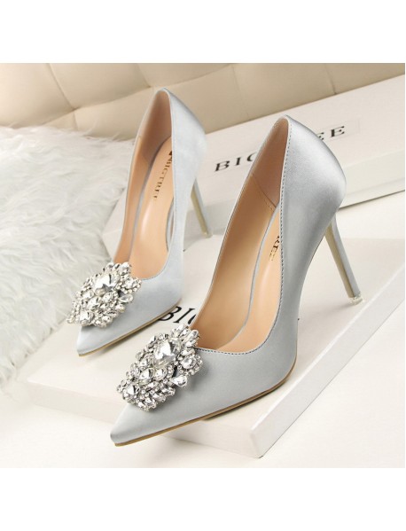 516-5 Korean Version Rhinestone Women's Shoes With Thin Heels, High Heels, Sexy Slimming, Shallow Mouthed Pointed Shiny Rhinestone Buckle Single Shoe